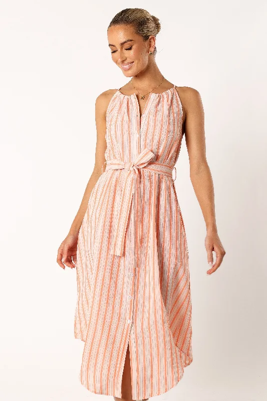 Arabella Midi Dress - Orange Stripe Fashionable A-Line Midi Dress