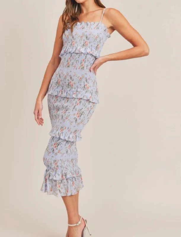 Asher Floral Smocked Midi Dress in Blue Floral Chic Bohemian Midi Dress