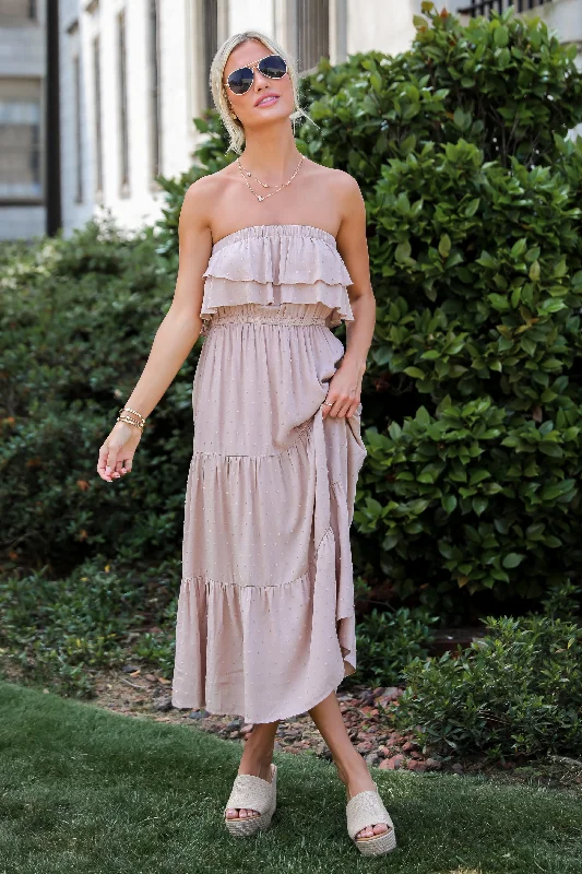 Darling Cuteness Taupe Tiered Strapless Midi Dress Trendy Ruched Side Midi Dress