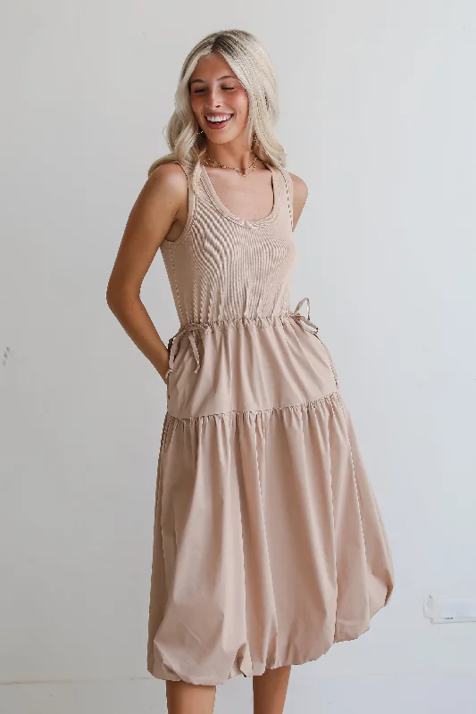 FINAL SALE - Darling Sophistication Taupe Contrast Midi Dress Trendy Tiered Hem Midi Dress