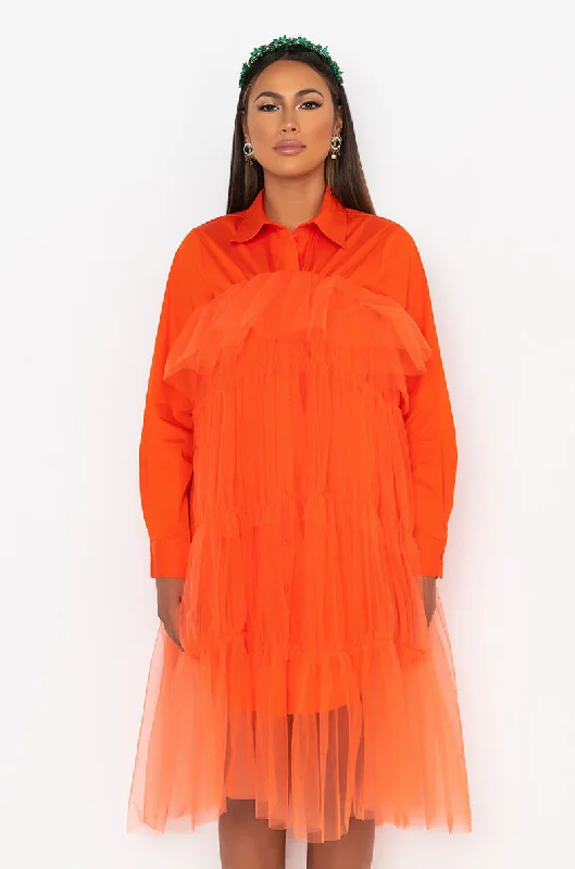 DEEPLY IN LOVE FASHION TULLE MIDI DRESS ORANGE Fashionable Fitted Midi Dress