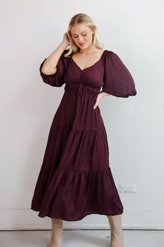 Extravagant Muse Wine Tiered Midi Dress Trendy Mock Neck Midi Dress