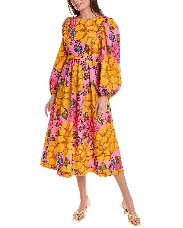 FARM Rio Flowers Garden Midi Dress Elegant Satin Midi Dress