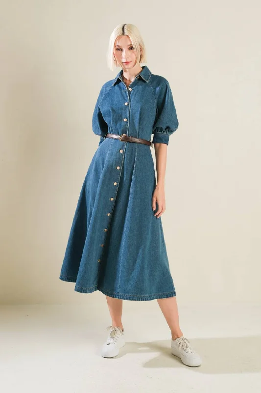 DIVIDE AND CONTOUR DENIM MIDI DRESS Cozy A-Line Midi Dress