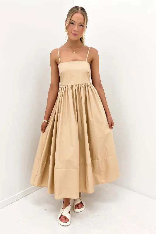 Indie Midi Dress Beige Trendy Ruffle Hem Midi Dress