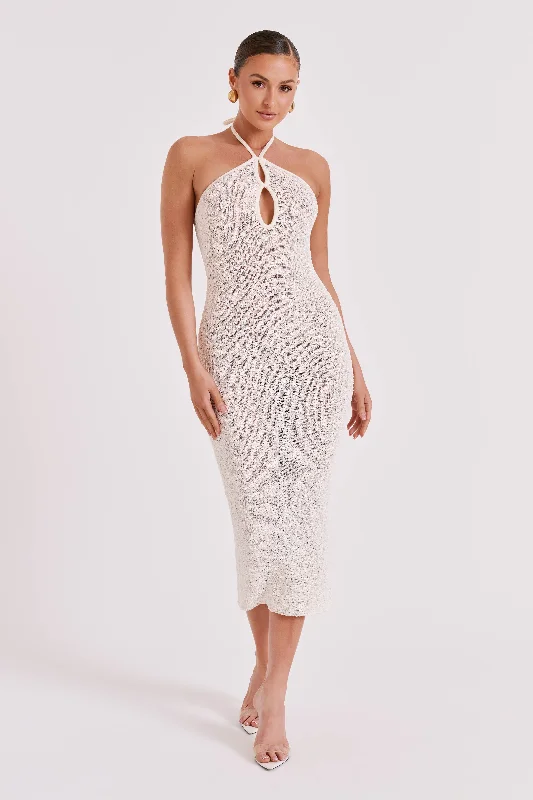 Kahali Boucle Halter Midi Dress - Cream Stylish Tiered Midi Dress