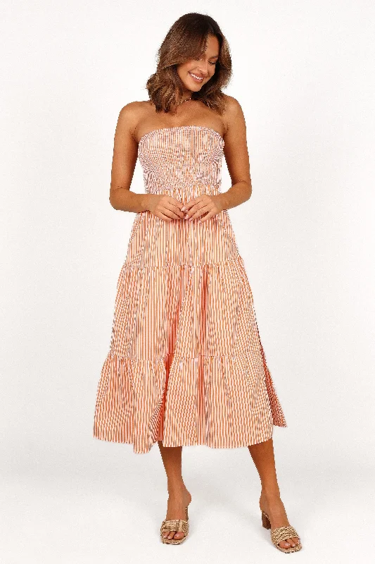 Maisie Strapless Midi Dress - Orange Stripe Elegant Faux Wrap Midi Dress