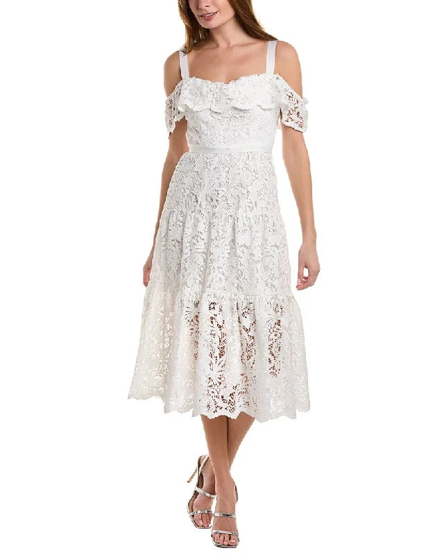 Marchesa Notte Lace Midi Dress Trendy Ruffle Hem Midi Dress