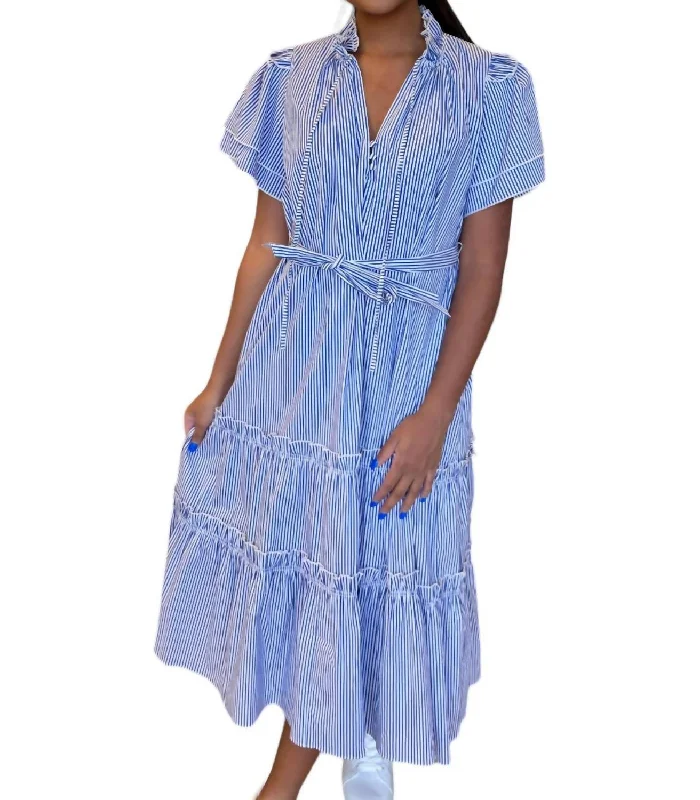 Matthews Midi Dress In Light Blue Stripe Stylish Off-Shoulder Ruffle Dress