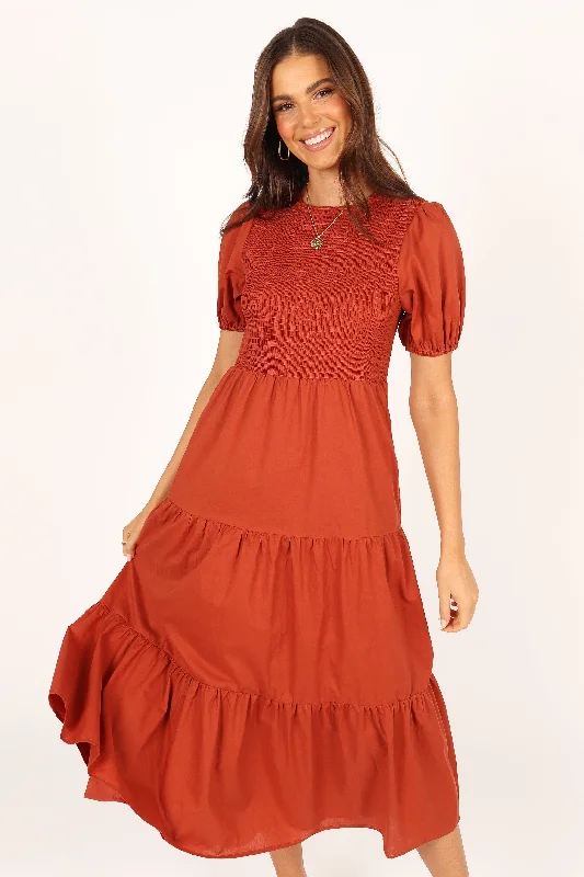 Naura Shirred Tiered Midi Dress - Rust Trendy Shift Midi Dress