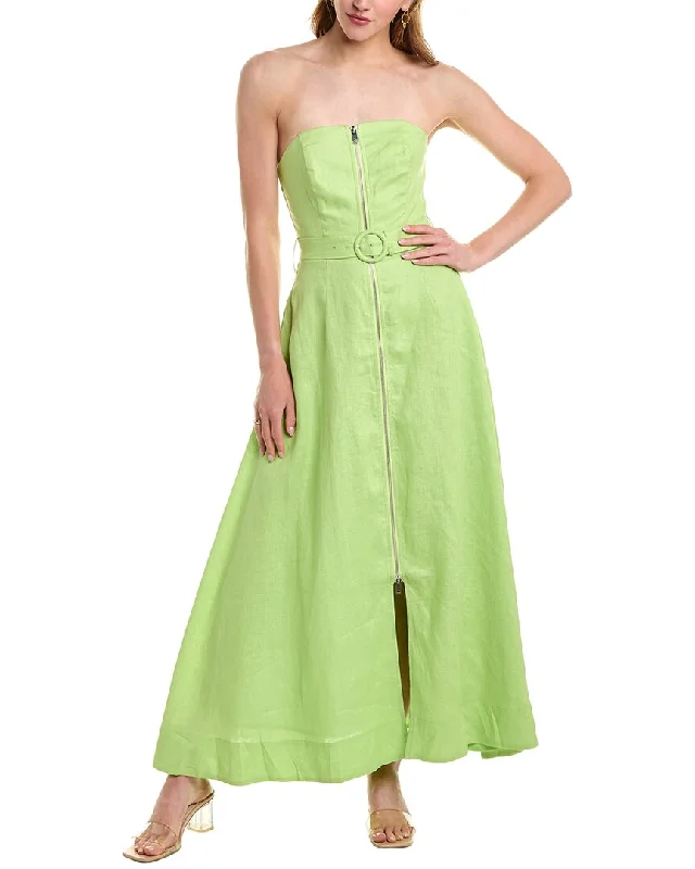 Nicholas Amalthea Strapless Zip Front Belted Linen Midi Dress Fashionable Off-Shoulder Dress Midi