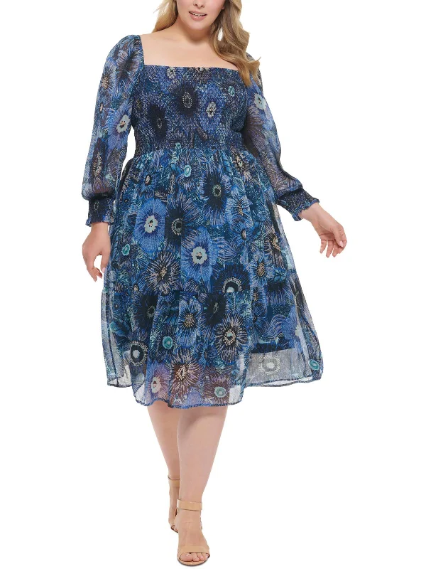 Plus Womens Printed Calf Midi Dress Stylish Silk Midi Dress