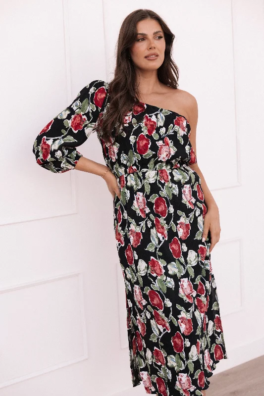 Pontee One Shoulder Pleated Midi Dress - Black Rose Print Trendy Off-Shoulder Ruffle Midi Dress