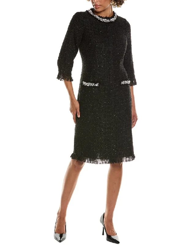 Teri Jon by Rickie Freeman Metallic Boucle Pearl Midi Dress Stylish Long Sleeve Floral Midi Dress