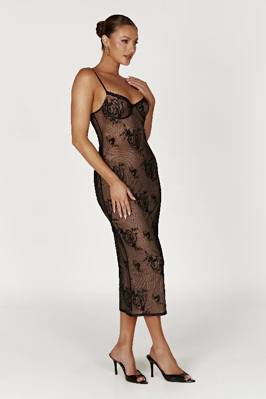 Venice Embroidered Mesh Midi Dress - Black Chic Bohemian Midi Dress