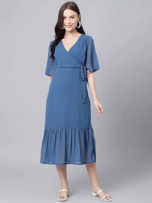 Women's Blue Georgette Aline Midi Dress - DECKEDUP Elegant Lace Trim Midi Dress