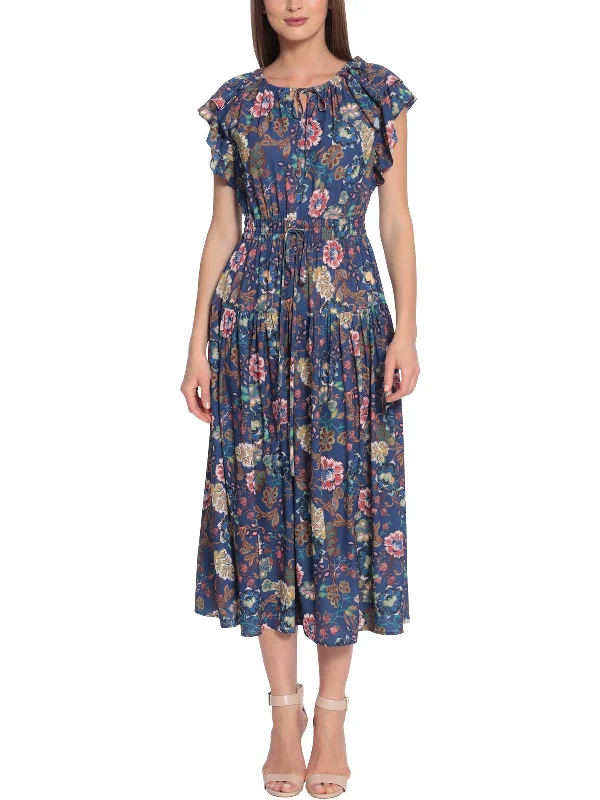 Womens Crepe Floral Midi Dress Trendy Square Neck Midi Dress