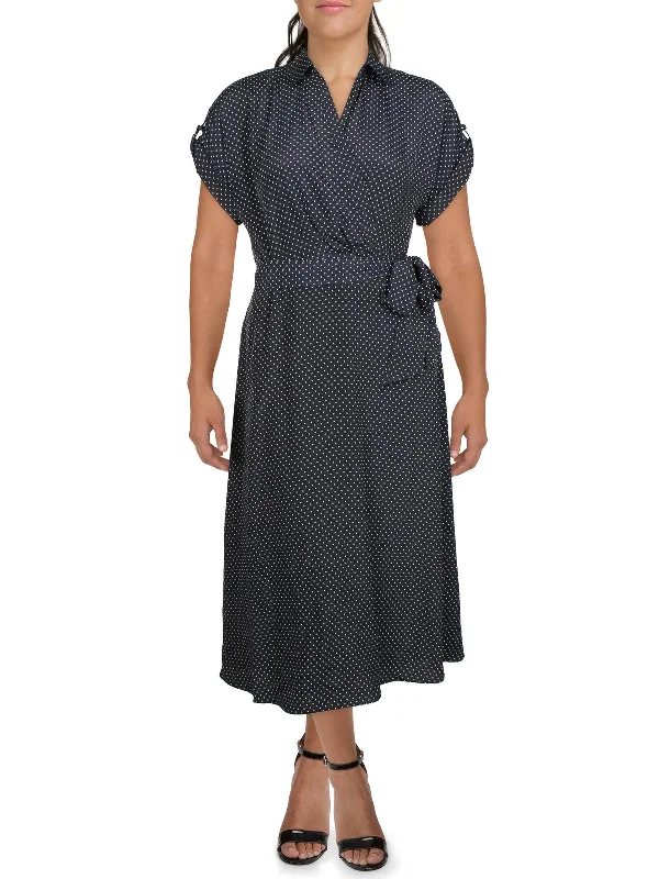 Womens Crepe Polka Dot Midi Dress Trendy Tiered Hem Midi Dress