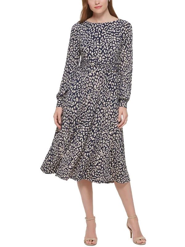 Womens Leopard Print Ruched Midi Dress Elegant V-Neck Midi Dress