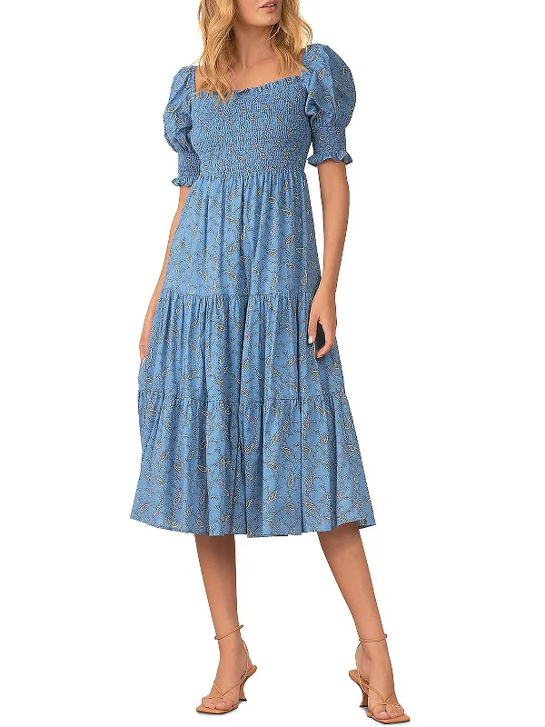 Womens Smocked Calf Midi Dress Elegant Maxi-Midi Hybrid Dress