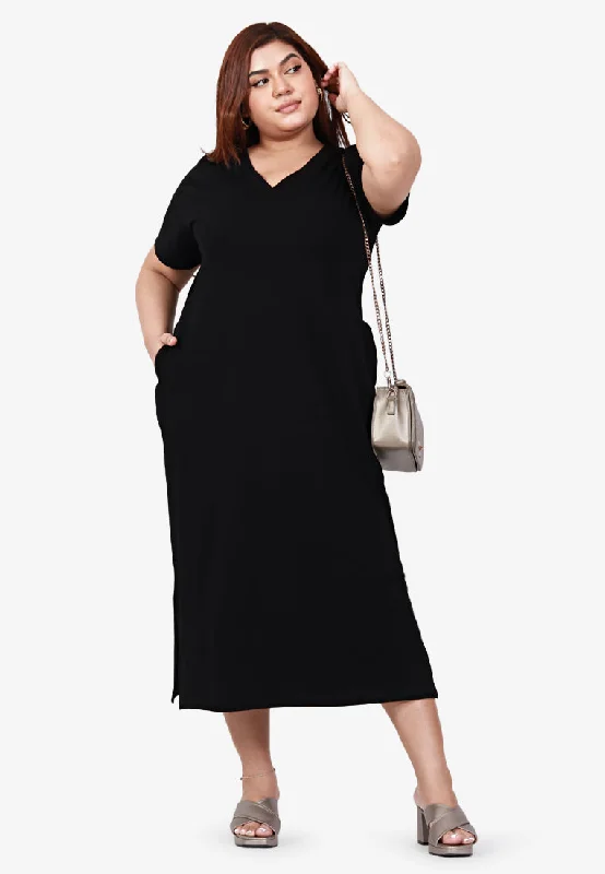 Mackayla V-neck Short Sleeve Maxi Dress - Black Trendy Button Front Maxi Dress