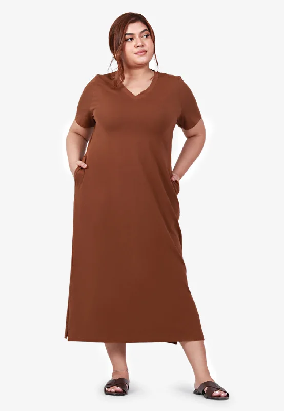 Mackayla V-neck Short Sleeve Maxi Dress - Brown Fashionable Chiffon Tiered Maxi Dress