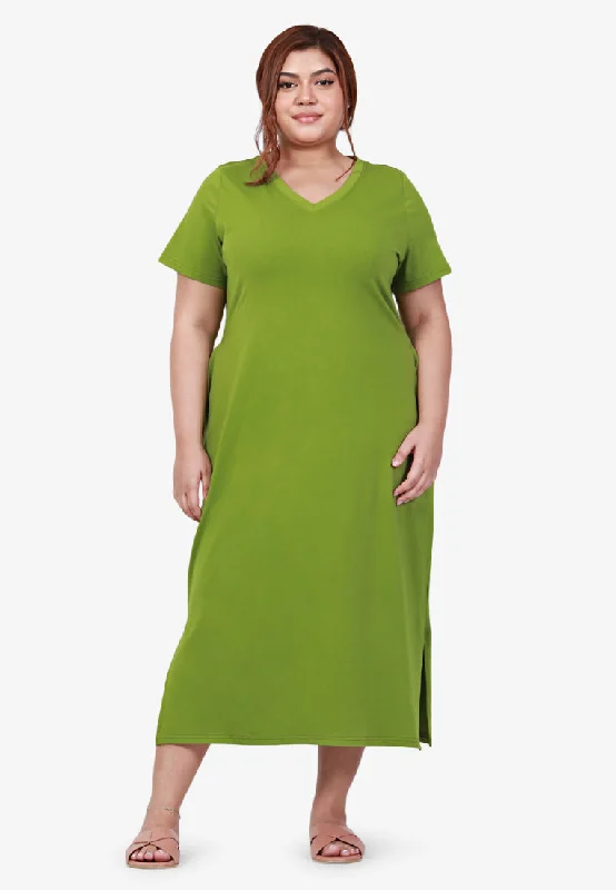 Mackayla V-neck Short Sleeve Maxi Dress - Green Comfortable Maxi Dress with Slits