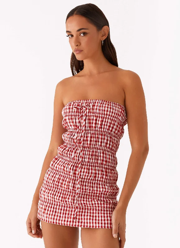 Adele Mini Dress - Red Gingham Trendy Floral Mini Dress