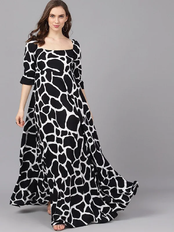 Women's  Black & White Printed Maxi Dress - AKS Stylish Maxi Dress with Frills