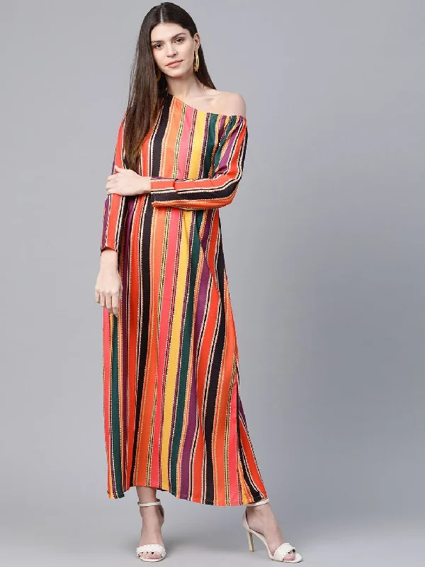 Women's  Pink Candy Striped Maxi Dress - AKS Chic Off-Shoulder Maxi Dress