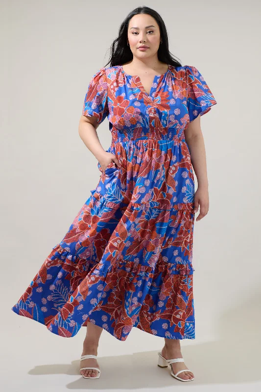 Amazonia Blue Floral Palmer Poplin Tiered Maxi Dress Curve Elegant Sleeveless Maxi Dress