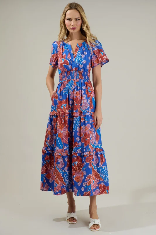 Amazonia Blue Floral Palmer Poplin Tiered Maxi Dress Cozy Longline Maxi Dress