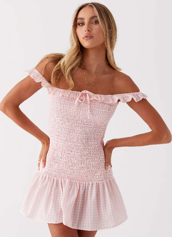 Anica Mini Dress - Pink Gingham Stylish Sweetheart Neck Mini Dress