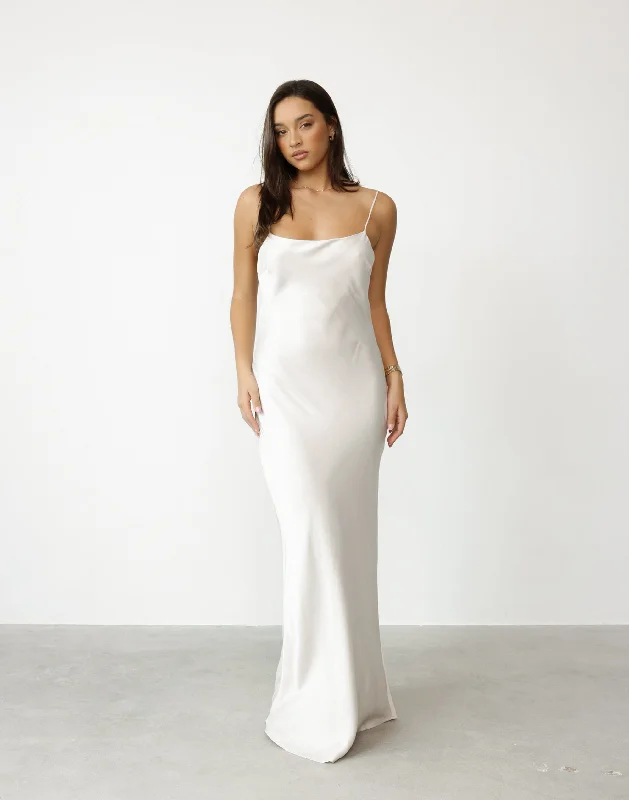 Aspen Maxi Dress (Oyster) Trendy Satin Maxi Dress