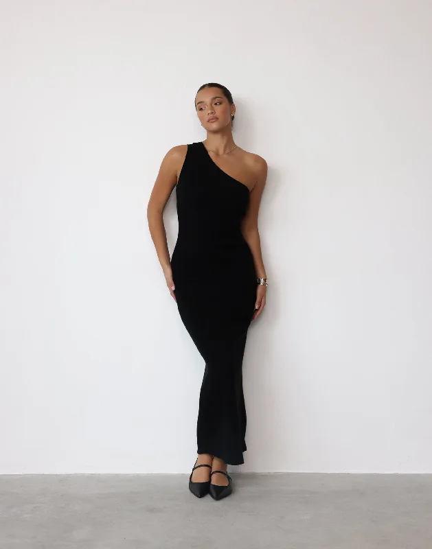 Aubany Maxi Dress (Black) Cozy Maxi Dress with Slit