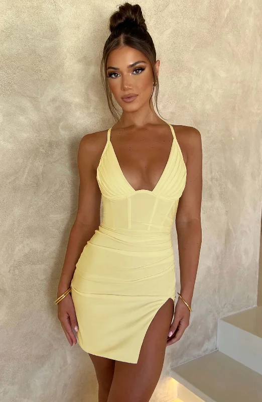 Aura Mini Dress - Lemon Trendy Crossover Mini Dress