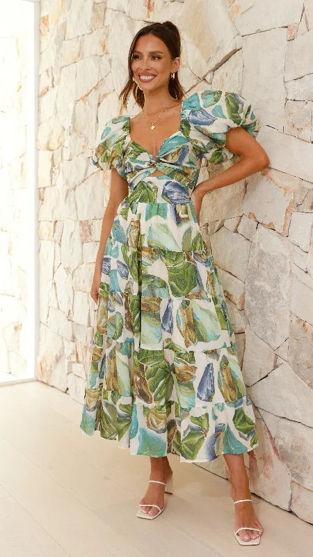 Balthazar Maxi Dress - Green / Blue Print Trendy V-Neck Maxi Dress