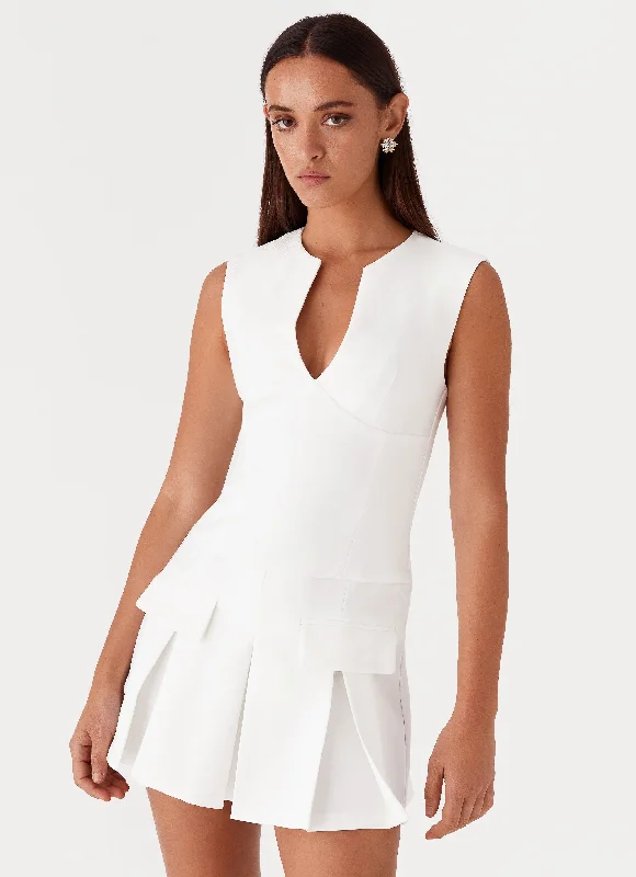 Cassia Mini Dress - White Trendy Button-Detail Mini Dress