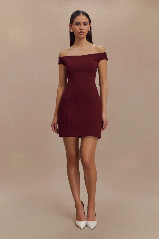 Cassidy Crepe Off Shoulder Mini Dress - Merlot Stylish Button-Down Mini Dress