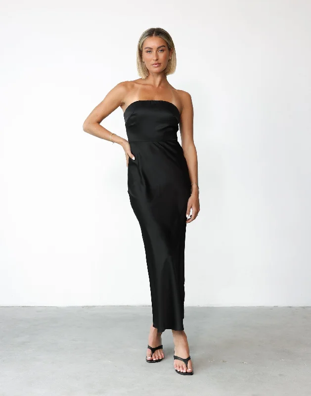 Cate Maxi Dress (Black) Comfortable Satin Maxi Dress