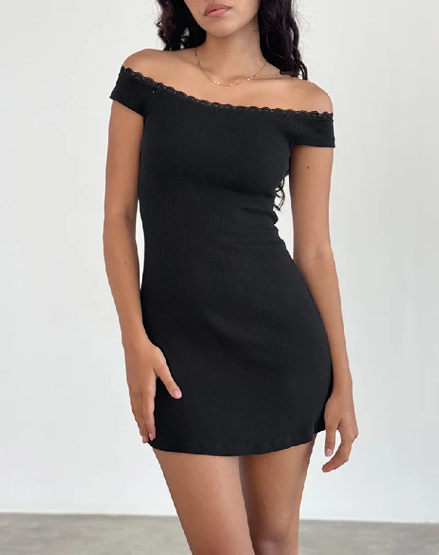 Chana Off Shoulder Mini Dress in Black Rib with Lace Trim Elegant Vintage Mini Dress