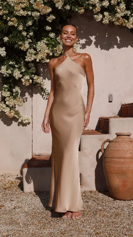 Chiara Maxi Dress - Latte Elegant Maxi Dress with Drapes