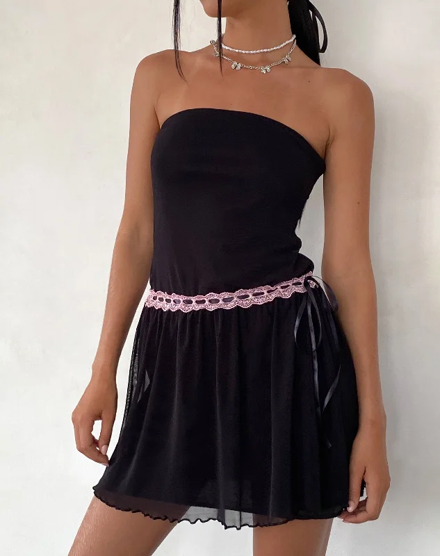 Cleodora Bandeau Mesh Mini Dress in Black with Pink Waistband Comfortable Smocked Mini Dress