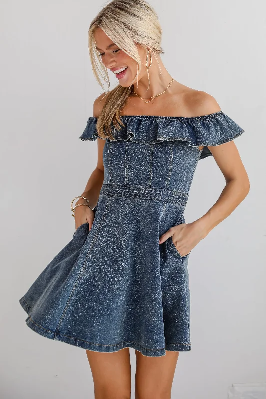 Confidently Coveted Denim Off-The-Shoulder Mini Dress Trendy Mini Dress with Belt