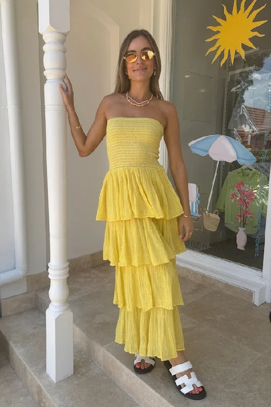 Tiered Maxi Dress Lemon/Gold Comfortable Long-Sleeve Maxi Dress