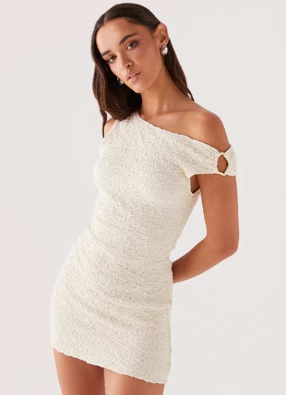 Farah Off Shoulder Mini Dress - White Trendy Button-Detail Mini Dress