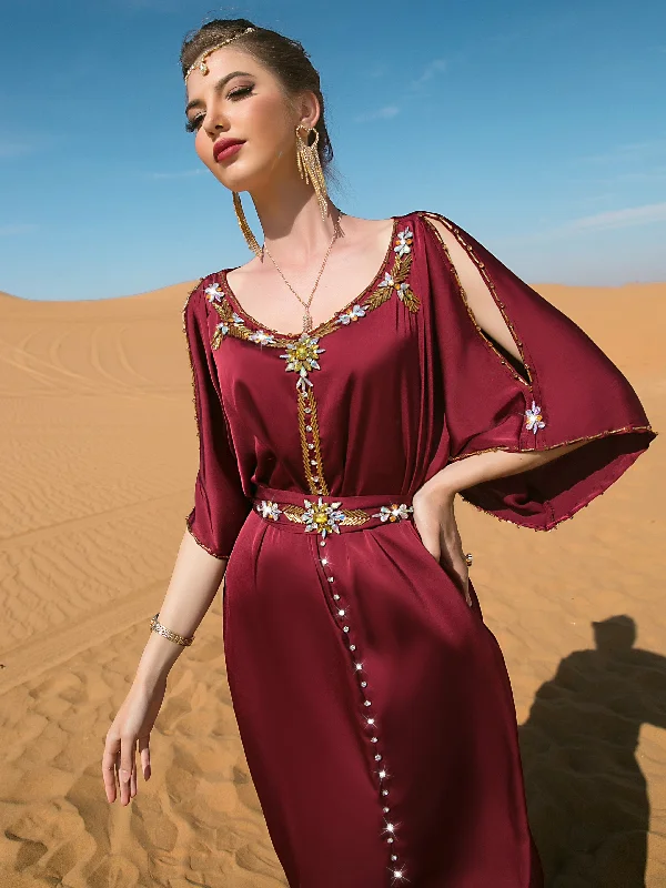 Glittering Rhinestoned Ramadan Abayas - Crew Neck Belted Maxi Dress with Split Cut Out Flare Sleeves - Perfect for Elegant Party Wear Cozy Knit Maxi Dress