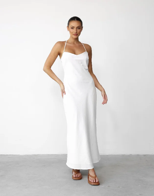 Haylie Linen Maxi Dress (White) Fashionable High-Waist Maxi Dress