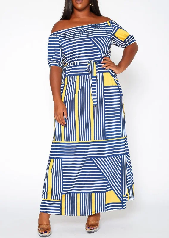 HI Curvy Plus Size Women Striped Print Off Shoulder Maxi Dress Classic V-Neck Maxi Dress