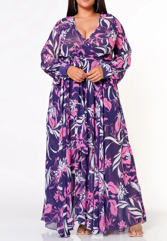 Hi Curvy Plus Size Women Floral Leaf Pattern Flare Maxi Dress Chic Summer Floral Maxi Dress